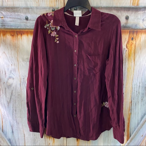 Knox Rose Tops - VGUC Knox Rose Embroidered Button Down Shirt Burgundy